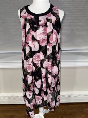 BCBGeneration Black Floral Pleated Sleeveless Dress with Pink Roses